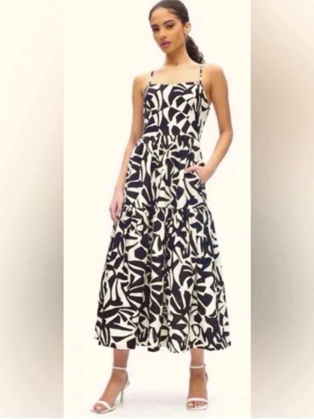 Christian Lacroix Linen Blend Tiered Midi Dress Sz L Black White Abstract Summer